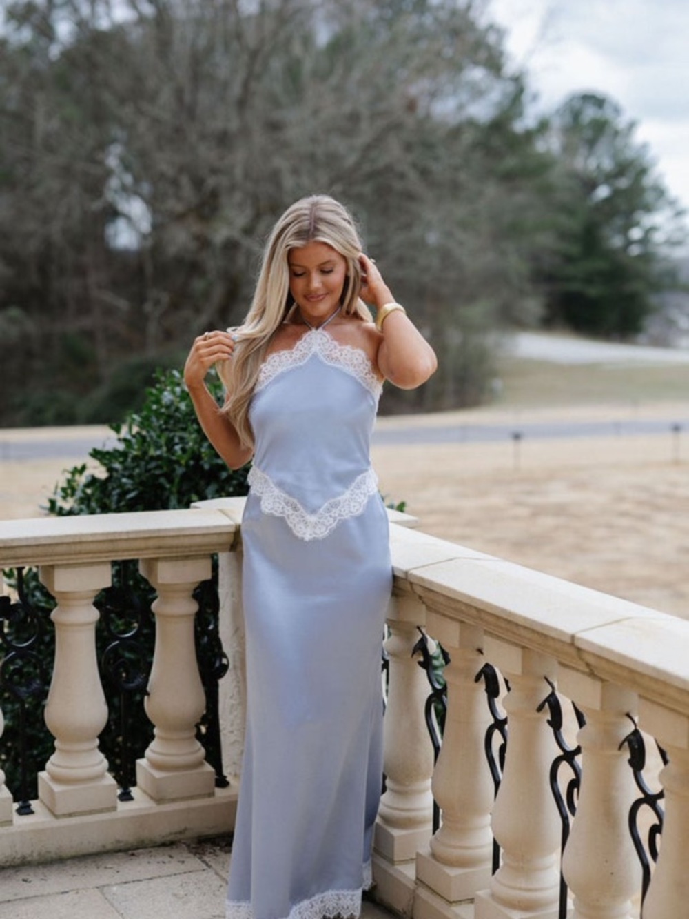 Light Blue Lace Trim Maxi Dress